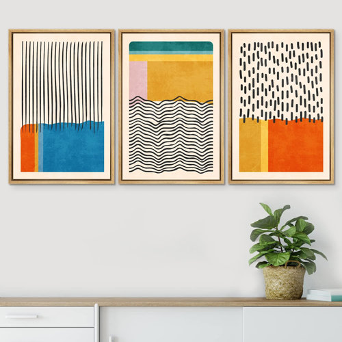Mid Century Modern Multicolor Block Colorful Framed Abstract Geometric Canvas Print Wall Art. Framed On Canvas 3 Pieces 